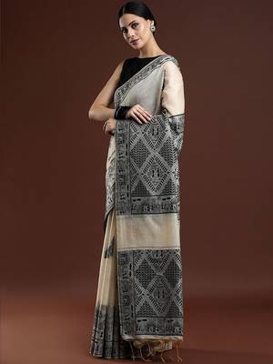 Beige woven design saree with blouse 3