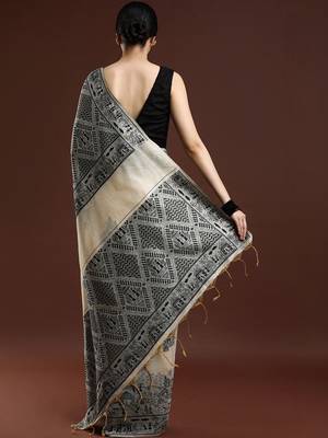 Beige woven design saree with blouse 4