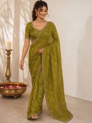 Olive floral embroidered satin saree 1