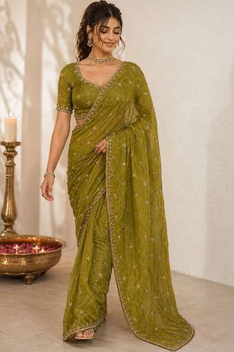 Olive floral embroidered satin saree