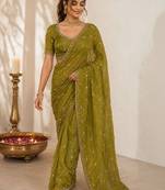 Olive floral embroidered satin saree