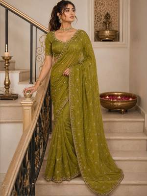 Olive floral embroidered satin saree 2