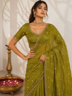 Olive floral embroidered satin saree 3