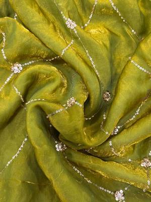 Olive floral embroidered satin saree 4