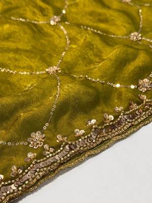 Olive floral embroidered satin saree 5