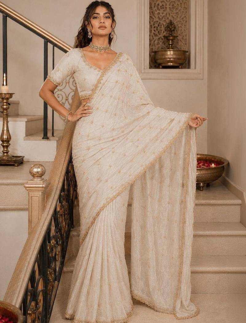 Off white floral sequinned satin saree
