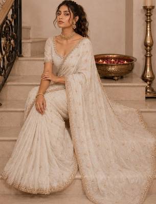 Off white floral sequinned satin saree 2