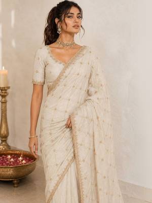 Off white floral sequinned satin saree 3
