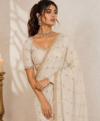 Off white floral sequinned satin saree 4