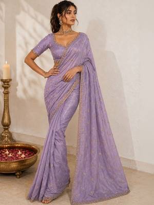 Lavender floral embroidered sequinned satin saree 1
