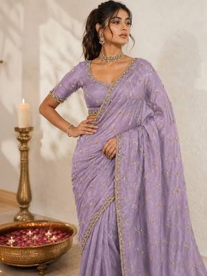 Lavender floral embroidered sequinned satin saree 2