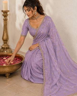 Lavender floral embroidered sequinned satin saree 3