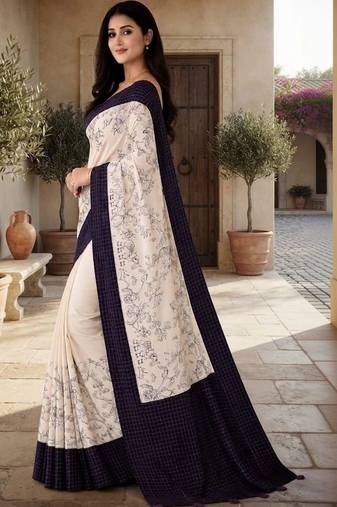 Off white floral silk blend saree