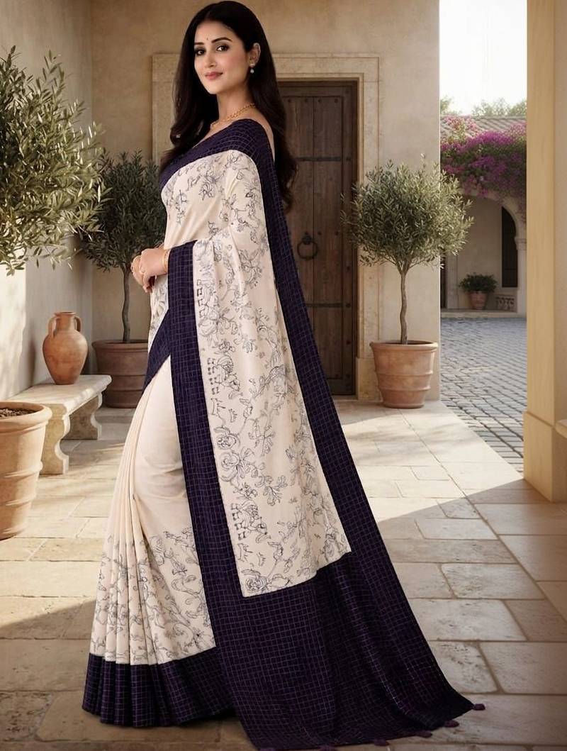 Off white floral silk blend saree
