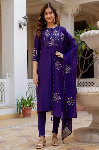 Embroidered viscose silk kurta with pant & dupatta set for women