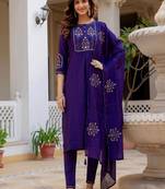 Embroidered viscose silk kurta with pant & dupatta set for women