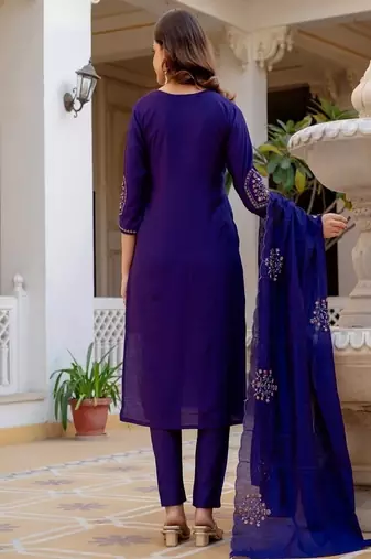 Embroidered viscose silk kurta with pant & dupatta set for women