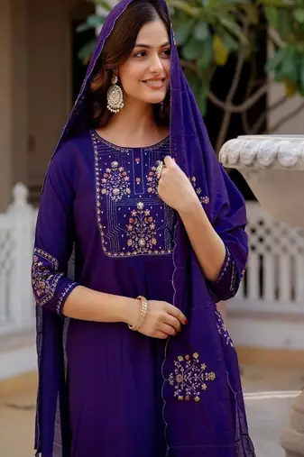 Embroidered viscose silk kurta with pant & dupatta set for women