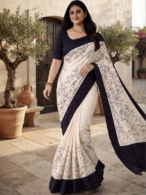 Off white floral silk blend saree 4