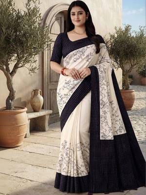 Off white floral silk blend saree 5