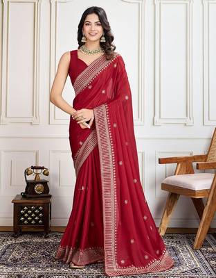 Red cadberry embroidered saree with unstitched blouse 1