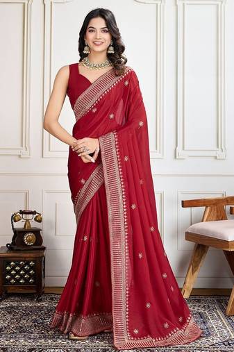 Red cadberry embroidered saree with unstitched blouse