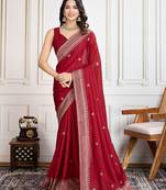 Red cadberry embroidered saree with unstitched blouse