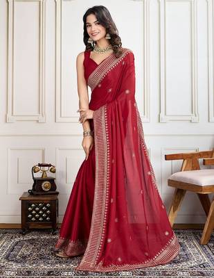 Red cadberry embroidered saree with unstitched blouse 2