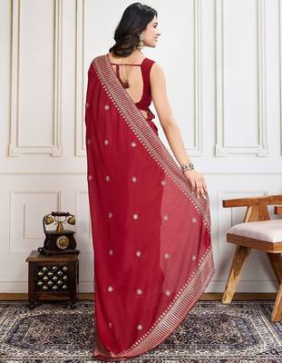 Red cadberry embroidered saree with unstitched blouse 3