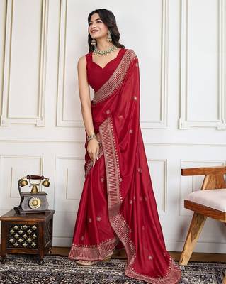 Red cadberry embroidered saree with unstitched blouse 4