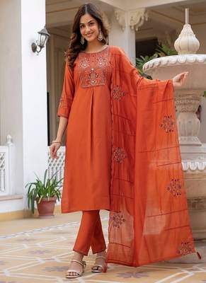 Embroidered viscose silk kurta with pant & dupatta set for women 1