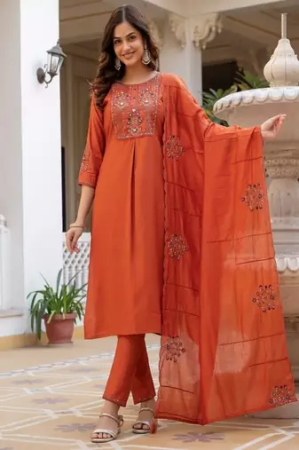 Embroidered viscose silk kurta with pant & dupatta set for women