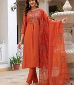 Embroidered viscose silk kurta with pant & dupatta set for women