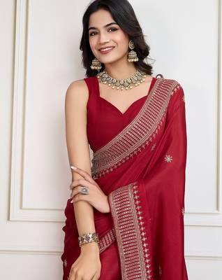 Red cadberry embroidered saree with unstitched blouse 5