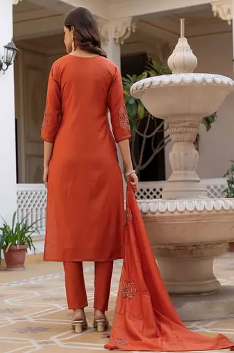 Embroidered viscose silk kurta with pant & dupatta set for women