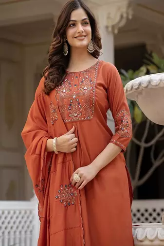 Embroidered viscose silk kurta with pant & dupatta set for women