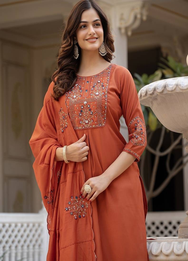 Embroidered viscose silk kurta with pant & dupatta set for women