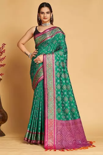 Green woven design patola art silk saree with blouse piece