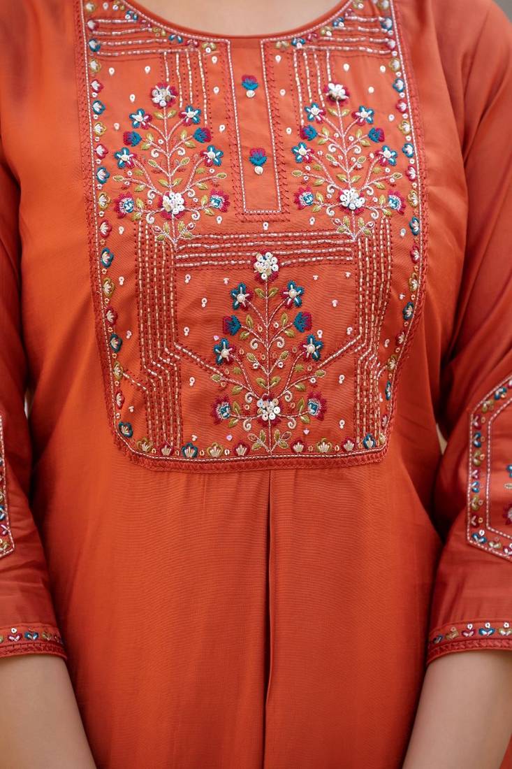 Embroidered viscose silk kurta with pant & dupatta set for women