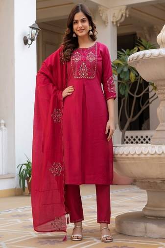 Embroidered viscose silk kurta with pant & dupatta set for women