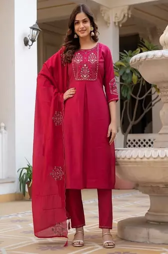 Embroidered viscose silk kurta with pant & dupatta set for women