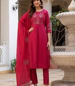 Embroidered viscose silk kurta with pant & dupatta set for women