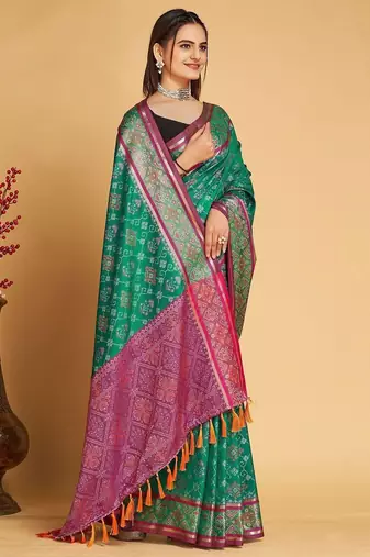 Green woven design patola art silk saree with blouse piece