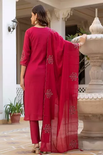 Embroidered viscose silk kurta with pant & dupatta set for women
