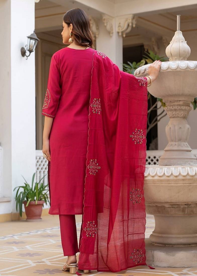Embroidered viscose silk kurta with pant & dupatta set for women