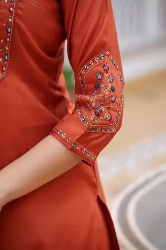 Embroidered viscose silk kurta with pant & dupatta set for women