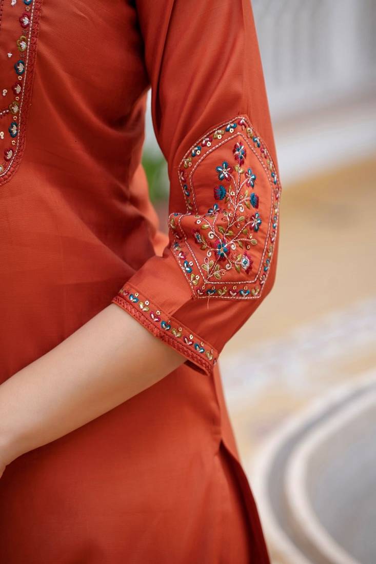 Embroidered viscose silk kurta with pant & dupatta set for women