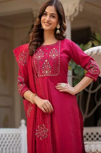 Embroidered viscose silk kurta with pant & dupatta set for women