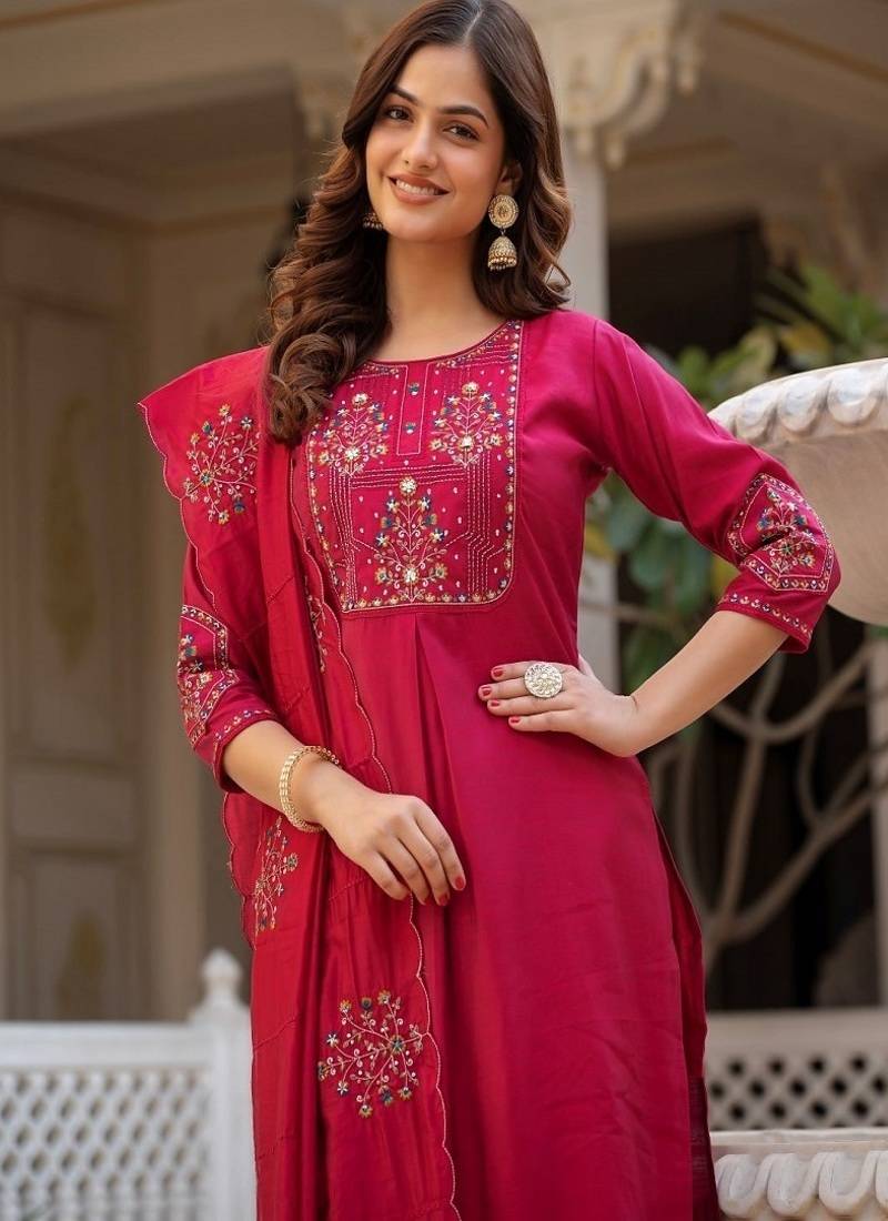 Embroidered viscose silk kurta with pant & dupatta set for women