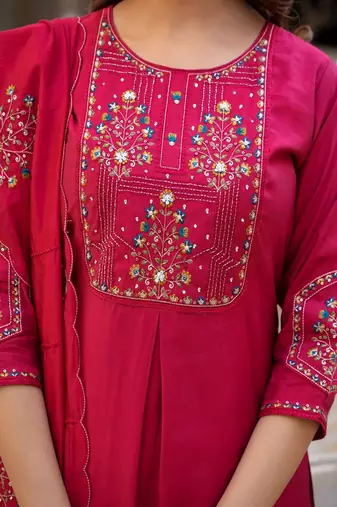 Embroidered viscose silk kurta with pant & dupatta set for women